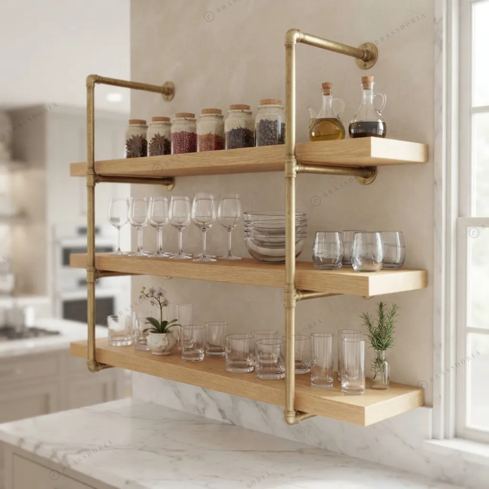 Solid brass pipe shelving frame with glassware on wood shelves – Brassdoria