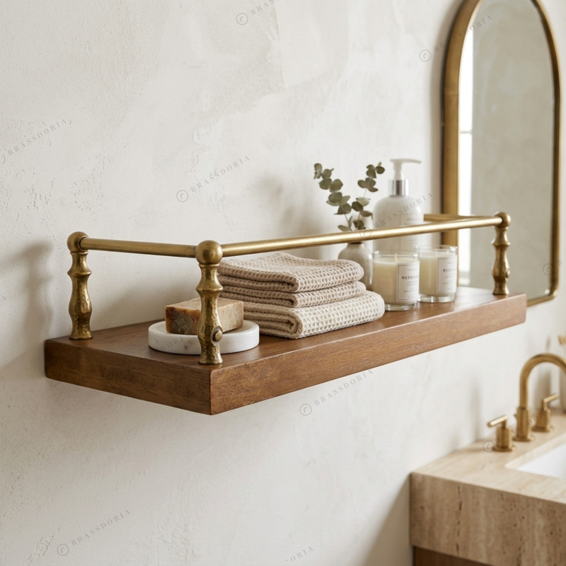 Hammered brass three-sided gallery rail around a floating shelf – Brassdoria