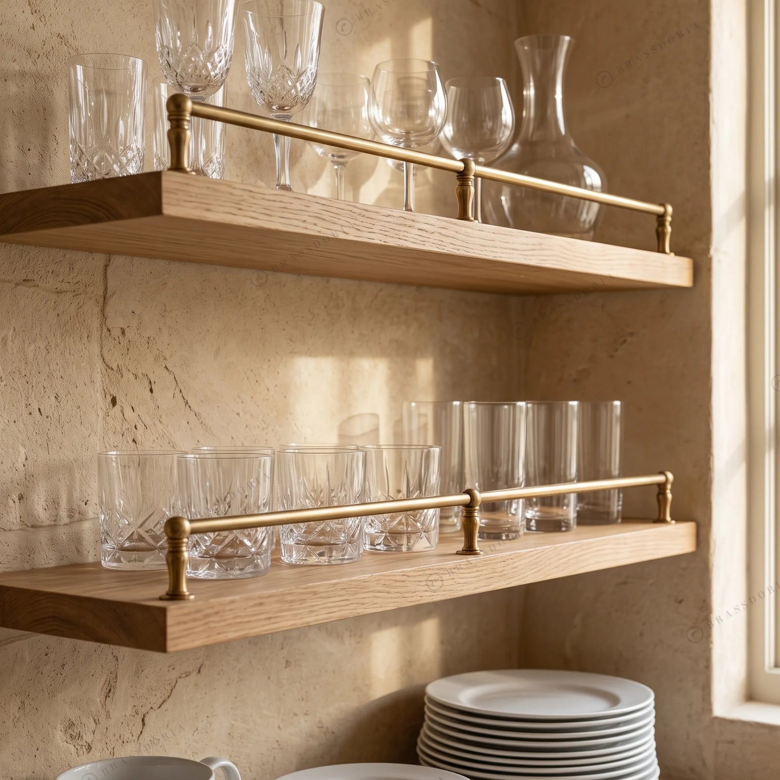 Unlacquered brass gallery rail with turned finial posts on a wood shelf – Brassdoria