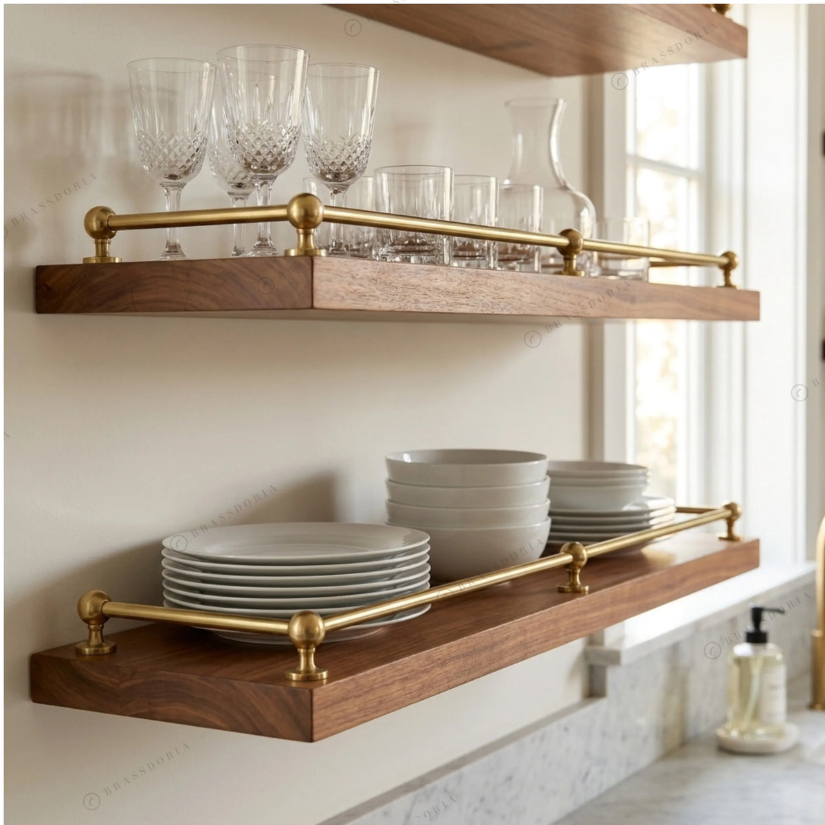 Brass gallery shelf rail on walnut shelves holding wine glasses – Brassdoria