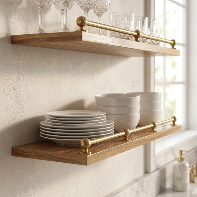 Brass bookshelf rail on wood library shelves with glassware and plates – Brassdoria