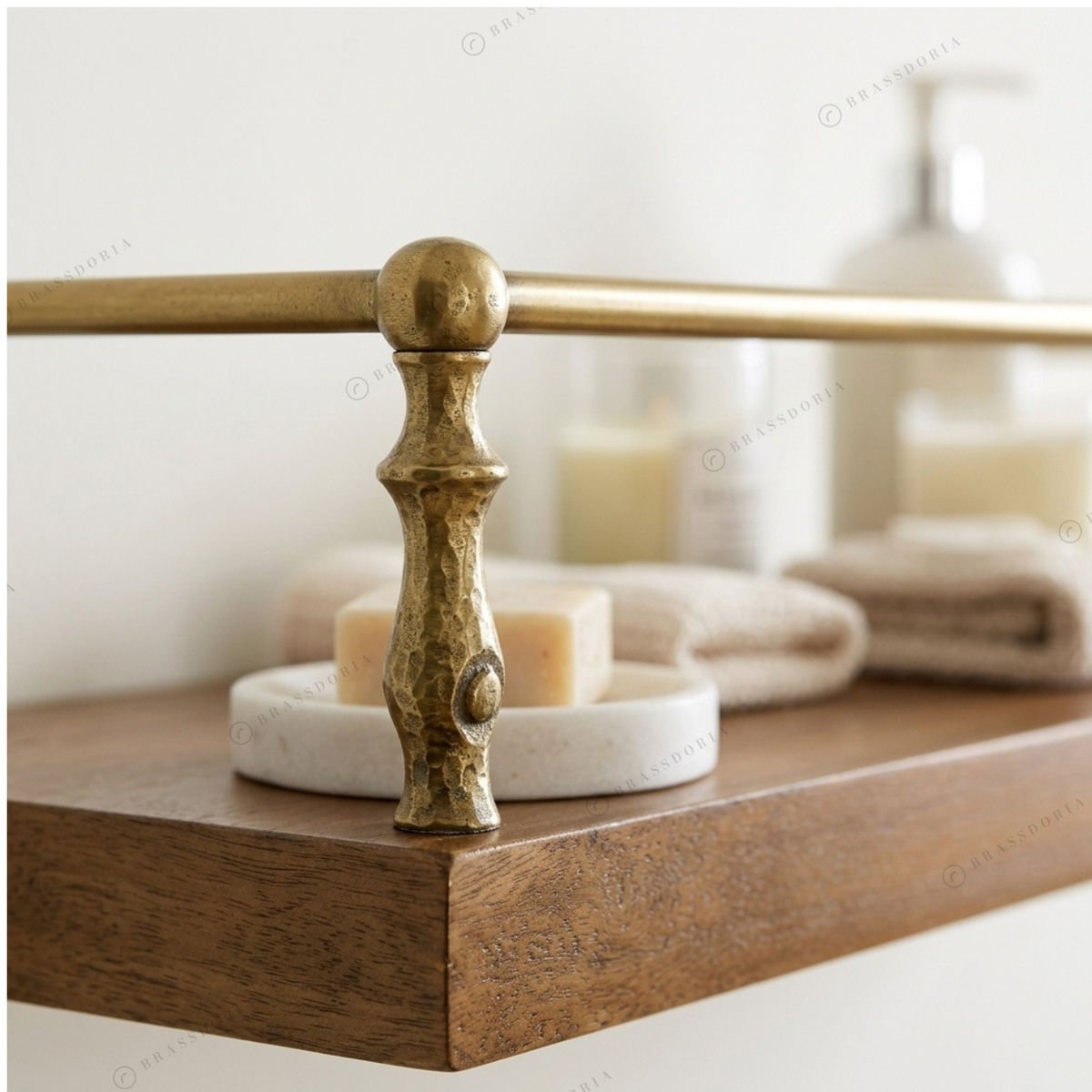 Hammered brass 3-sided gallery rail, view 2 – Brassdoria