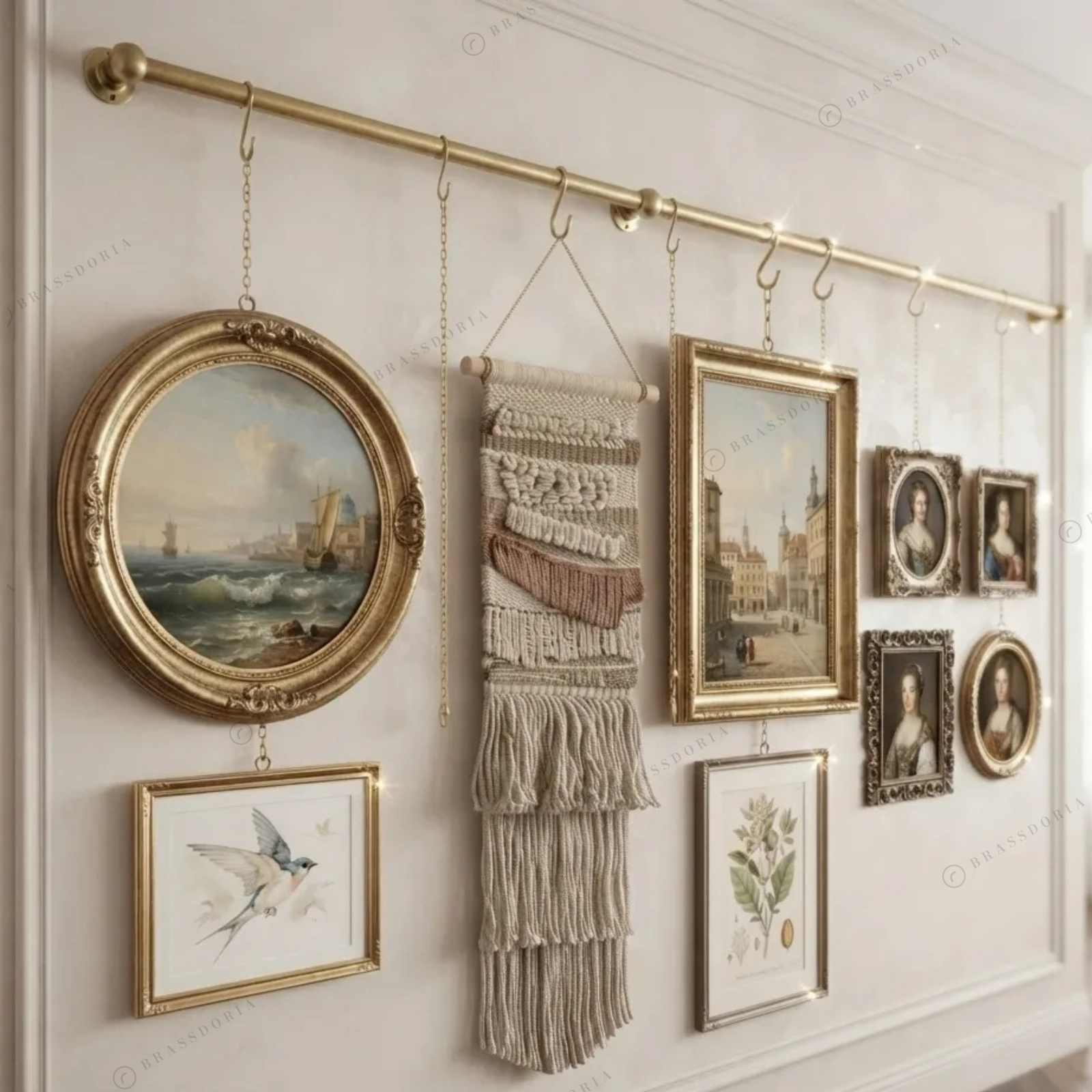 Solid brass picture rail with chains and hooks hanging framed art – Brassdoria