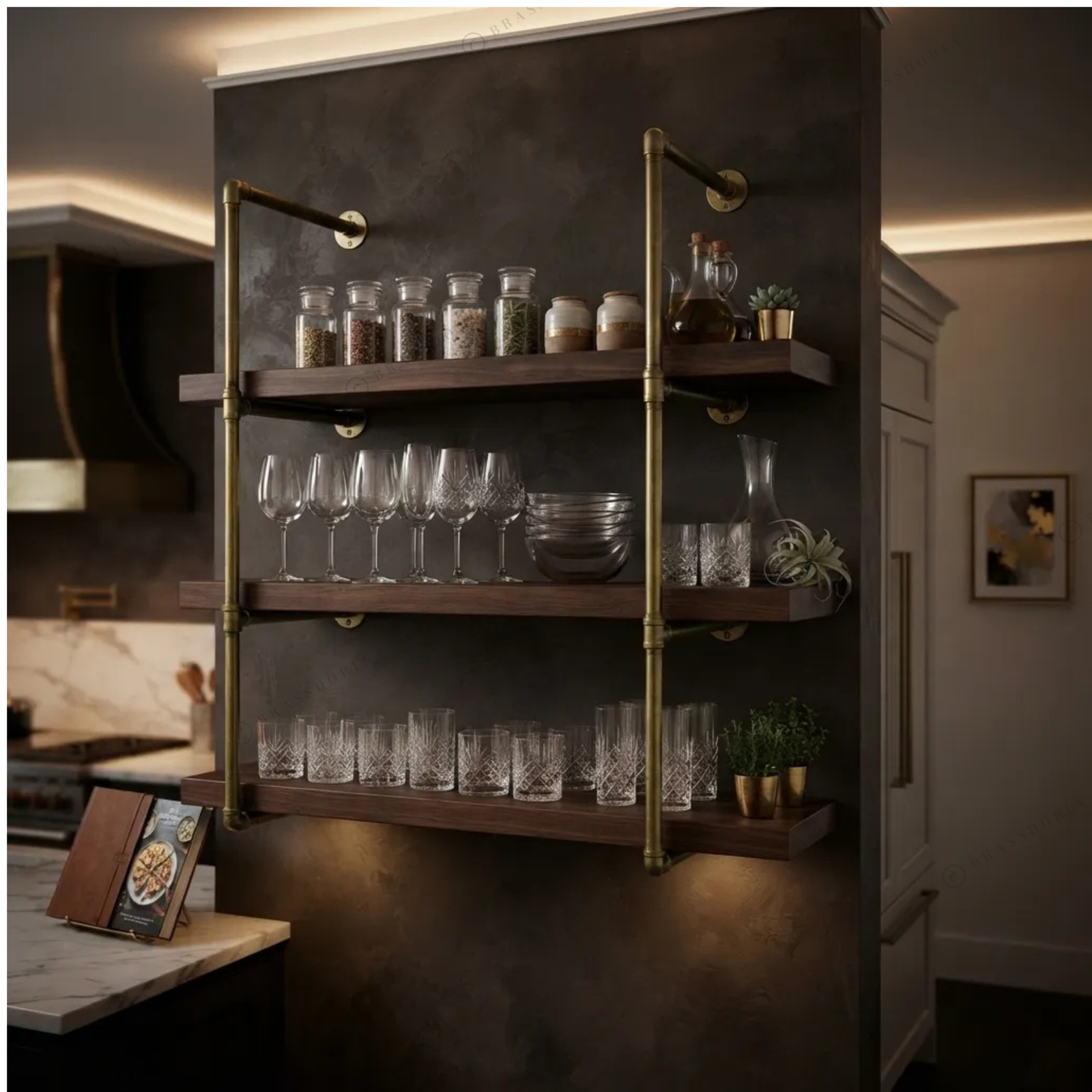 Solid brass pipe shelving frame with glassware on wood shelves – Brassdoria