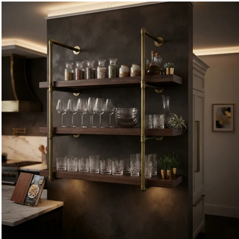 Solid brass pipe shelving frame with glassware on wood shelves – Brassdoria