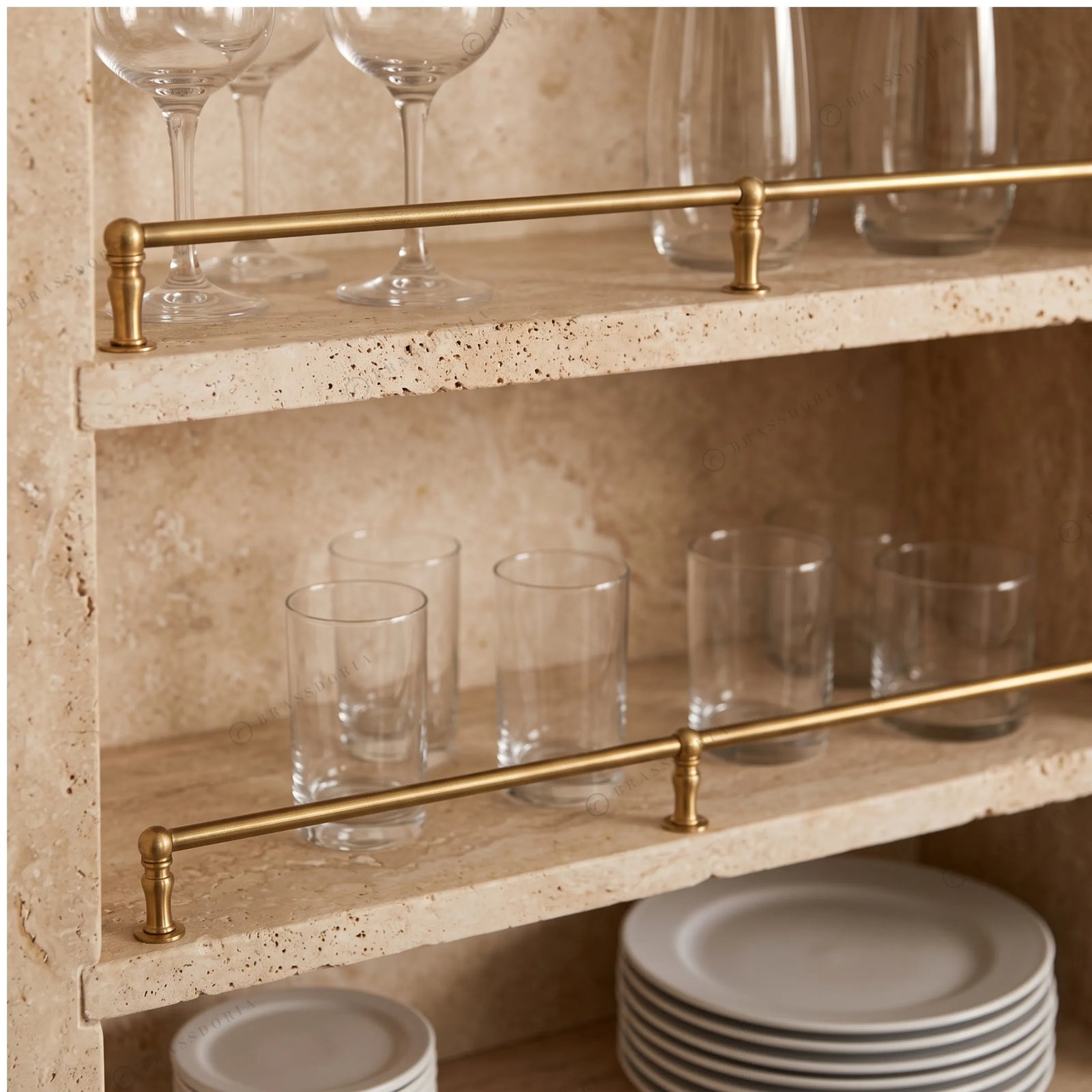 Unlacquered brass gallery rail with turned finial posts on a wood shelf – Brassdoria