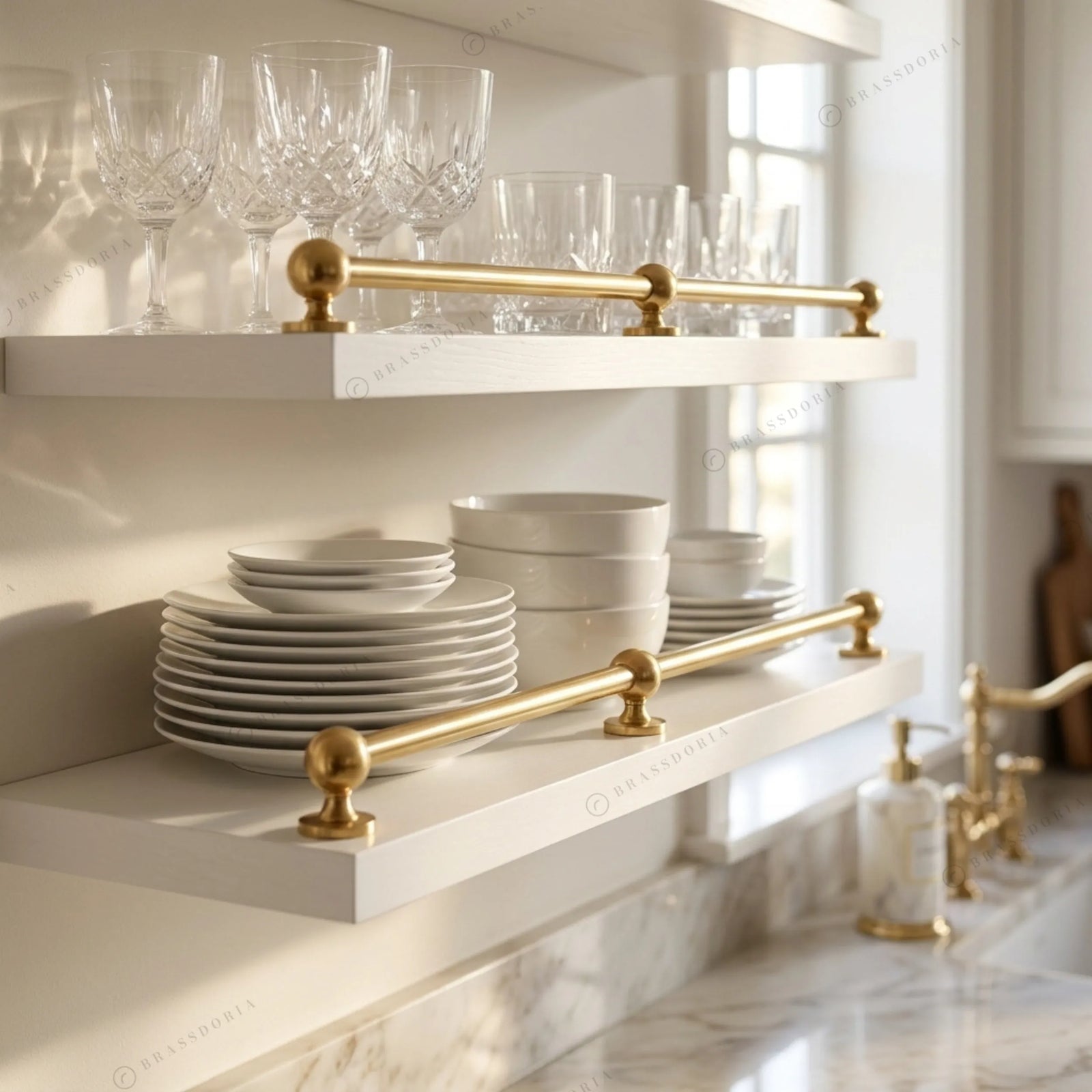 Brass bookshelf rail on wood library shelves with glassware and plates – Brassdoria