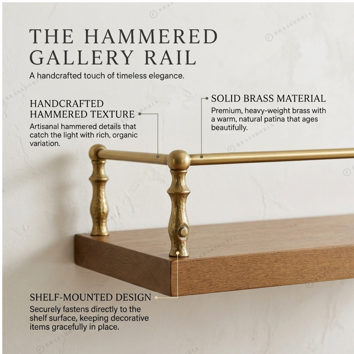 Hammered brass 3-sided gallery rail, view 3 – Brassdoria