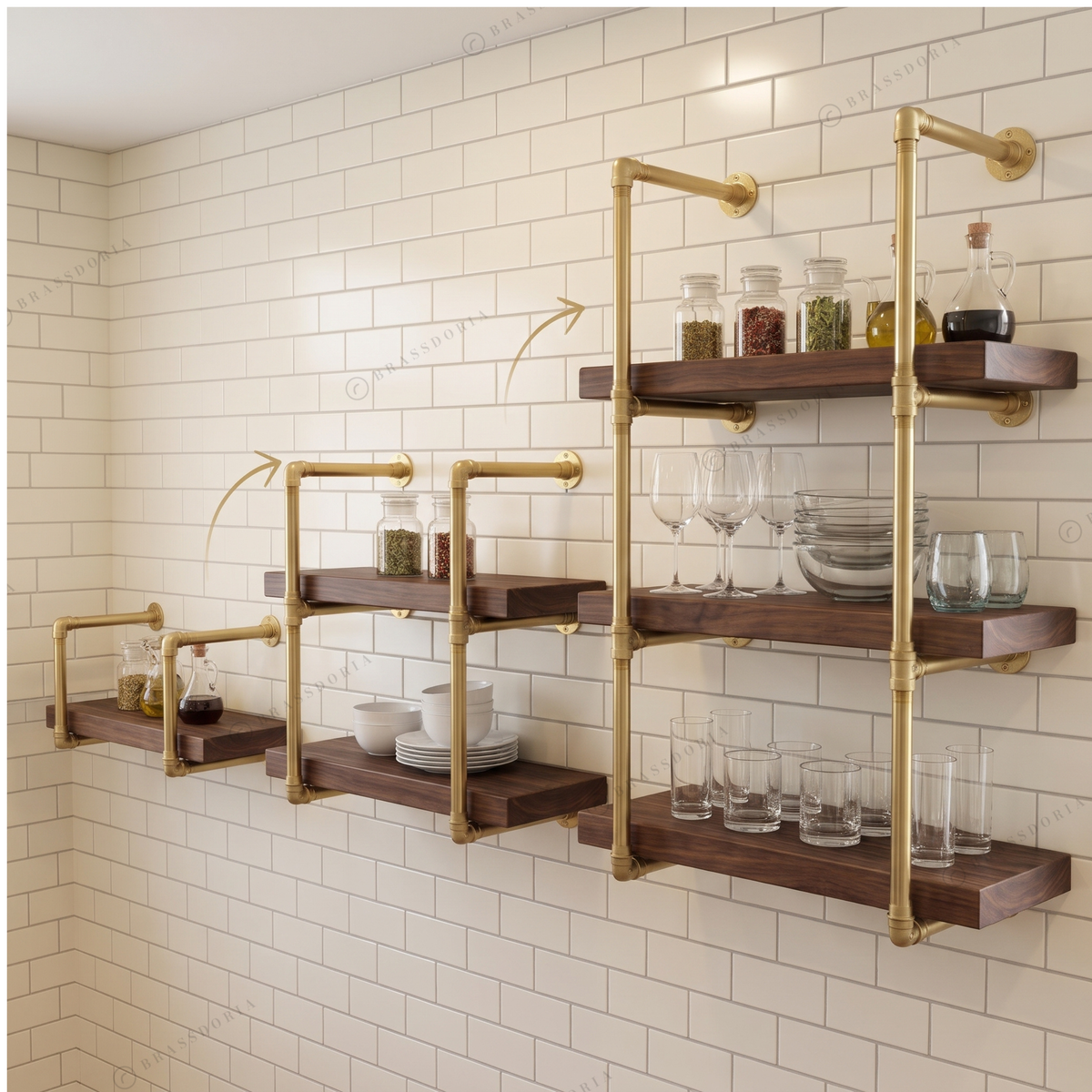 Solid brass pipe shelving unit, view 3 – Brassdoria