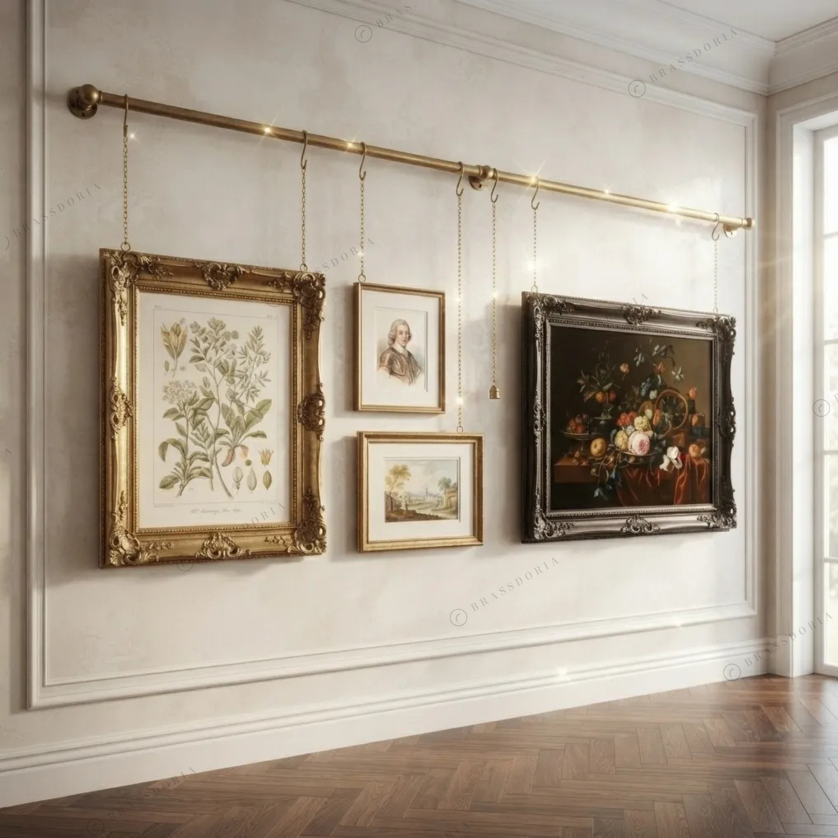 Solid brass picture rail system, view 3 – Brassdoria