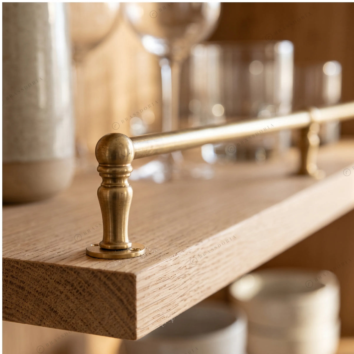 Unlacquered brass turned finial gallery rail, view 3 – Brassdoria
