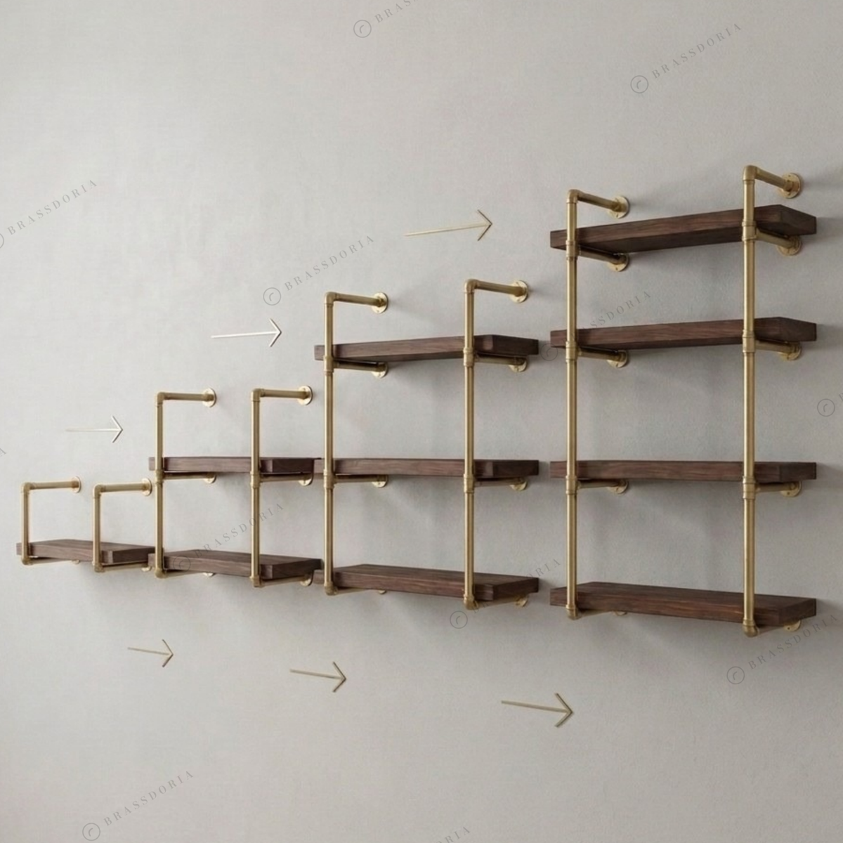 Solid brass pipe shelving unit, view 4 – Brassdoria