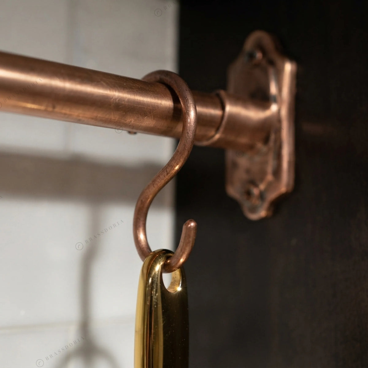 Solid copper pot rail, ornate mounting plate and S-hook – Brassdoria
