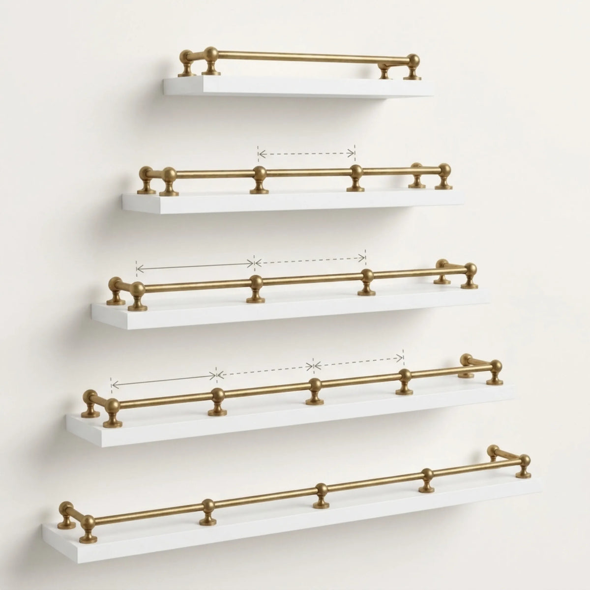 Gallery railing lengths on a set of floating shelves – Brassdoria