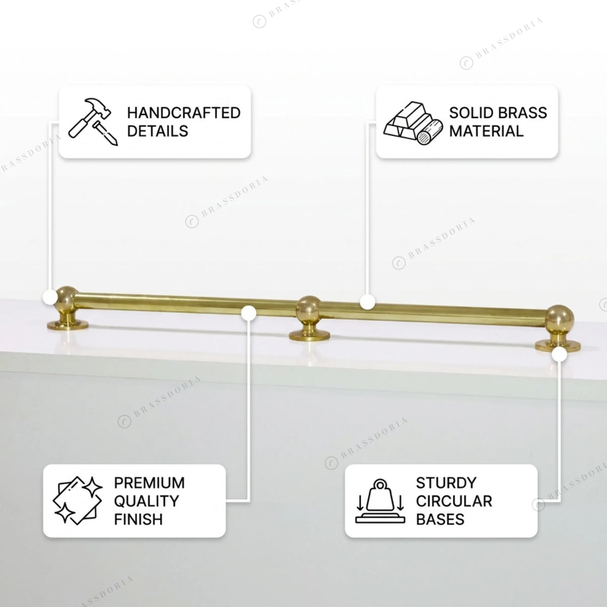 Brass bookshelf rail features: handcrafted, solid brass, circular bases – Brassdoria