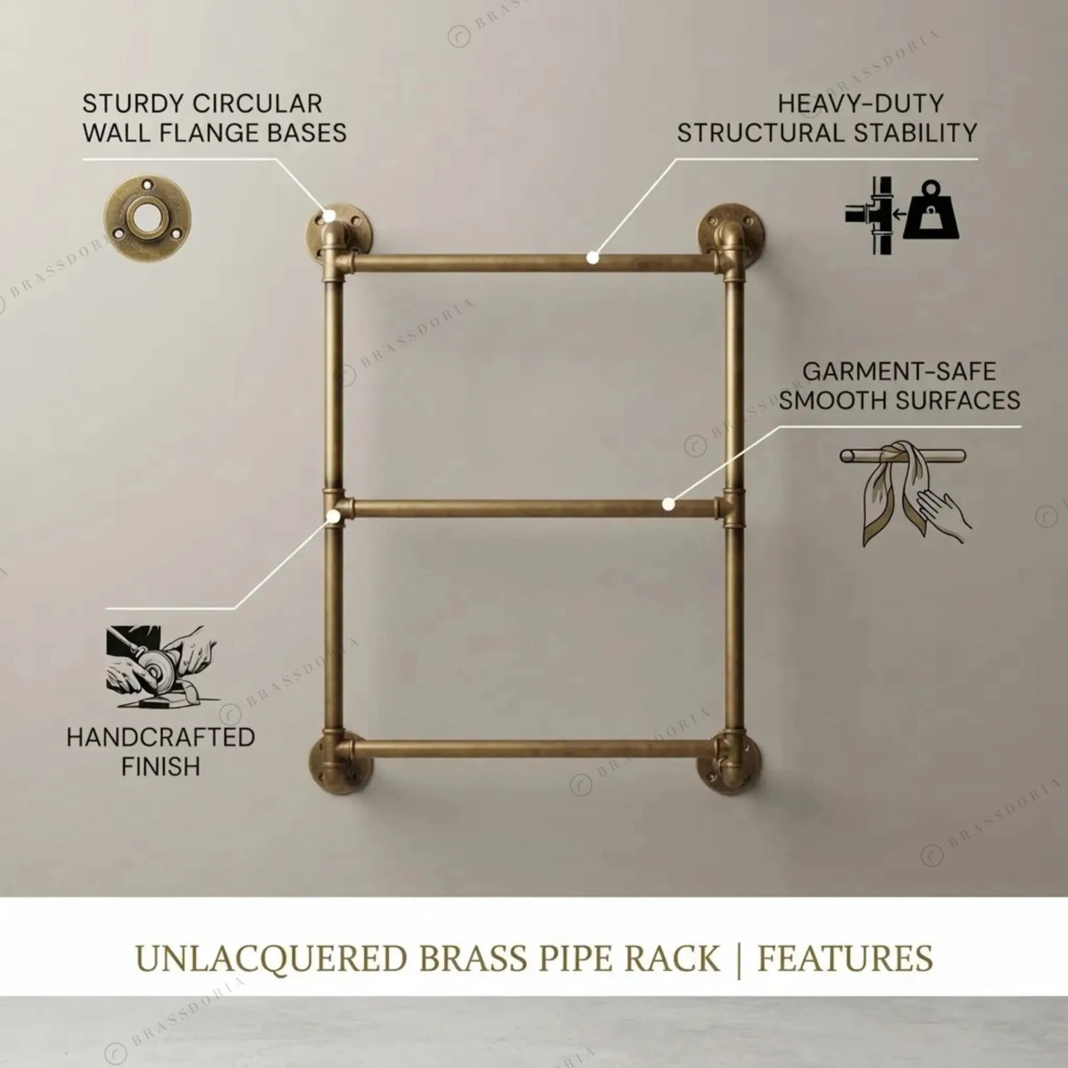 Unlacquered brass pipe towel rack, view 7 – Brassdoria