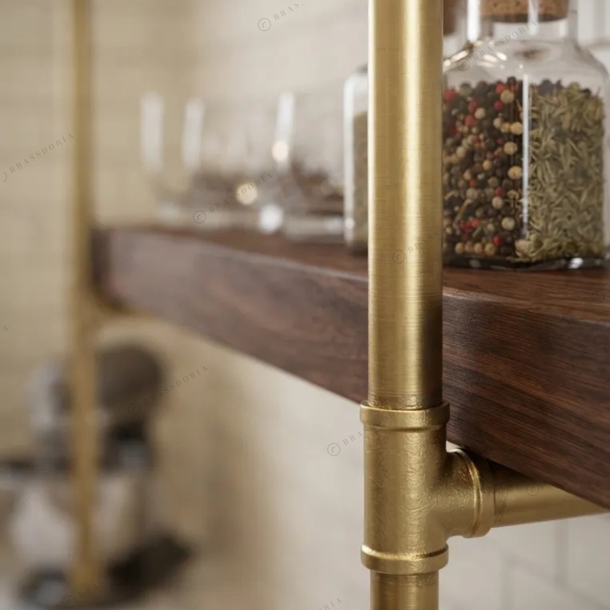 Solid brass pipe shelving unit, view 5 – Brassdoria