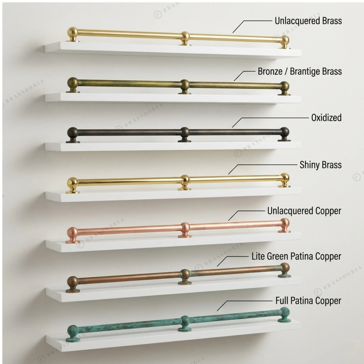 Library shelf rail finishes in brass, bronze and copper patina – Brassdoria