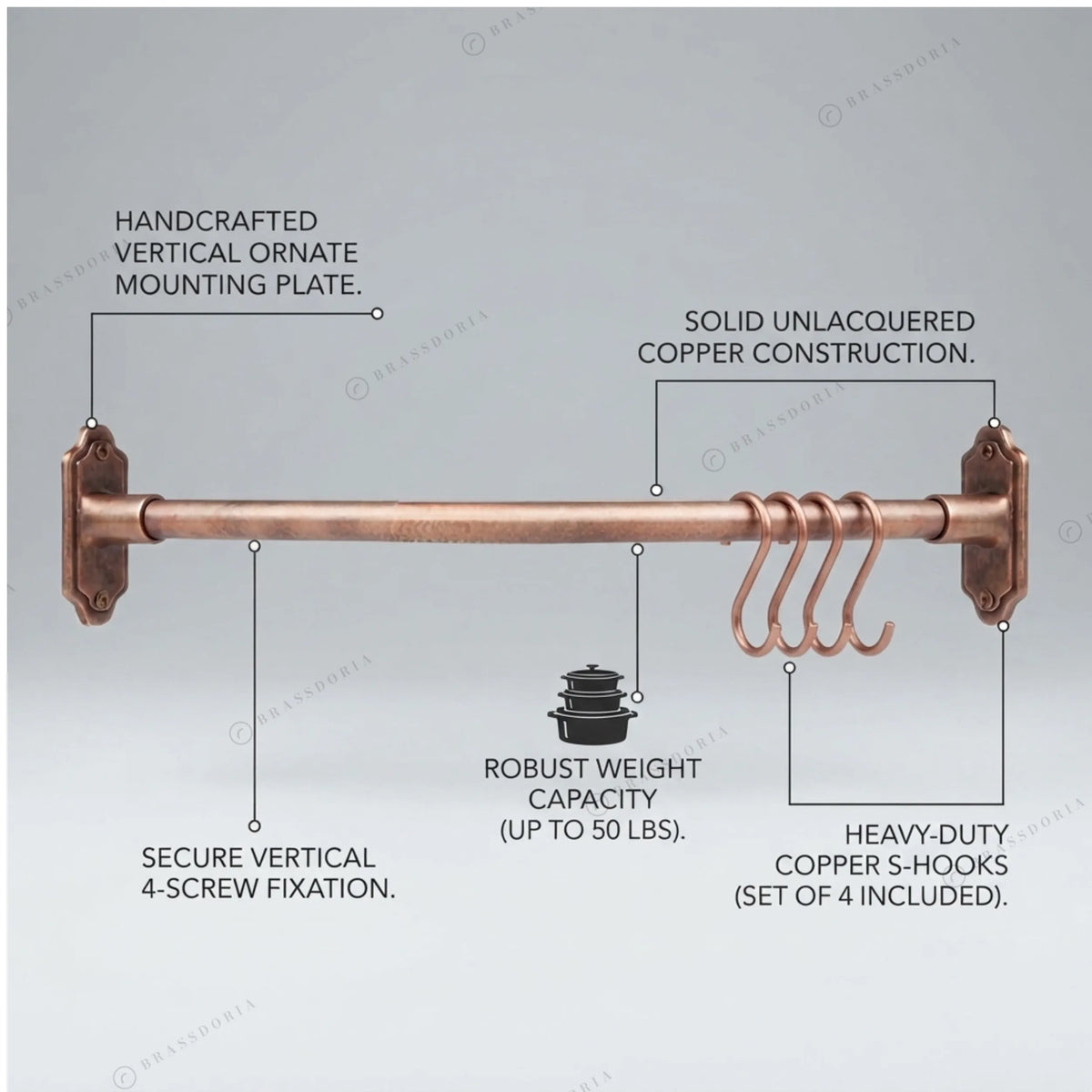 Solid copper pot rail with S-hooks, feature guide – Brassdoria