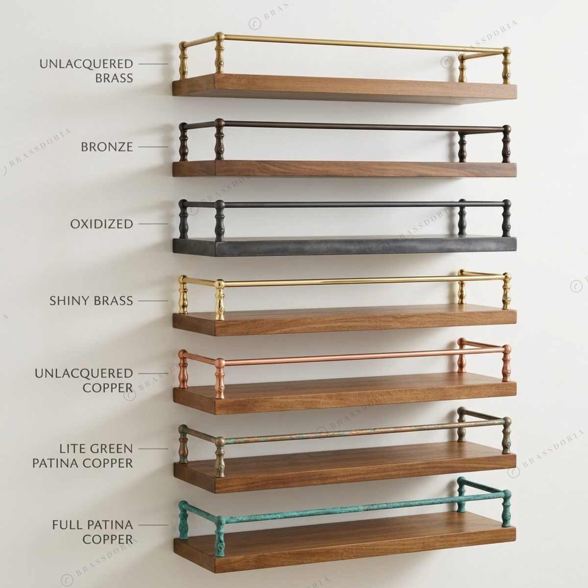 Hammered brass 3-sided gallery rail, finish options – Brassdoria