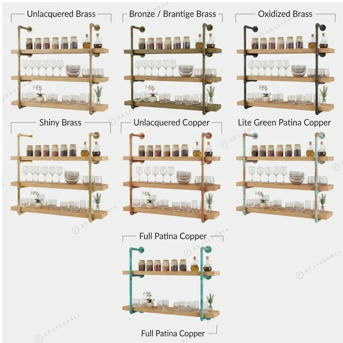 Solid brass pipe shelving unit, finish options – Brassdoria