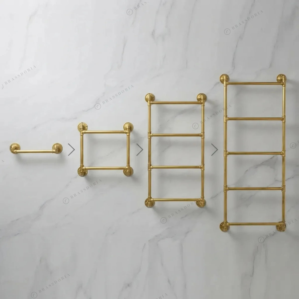 Unlacquered brass pipe towel rack, view 4 – Brassdoria