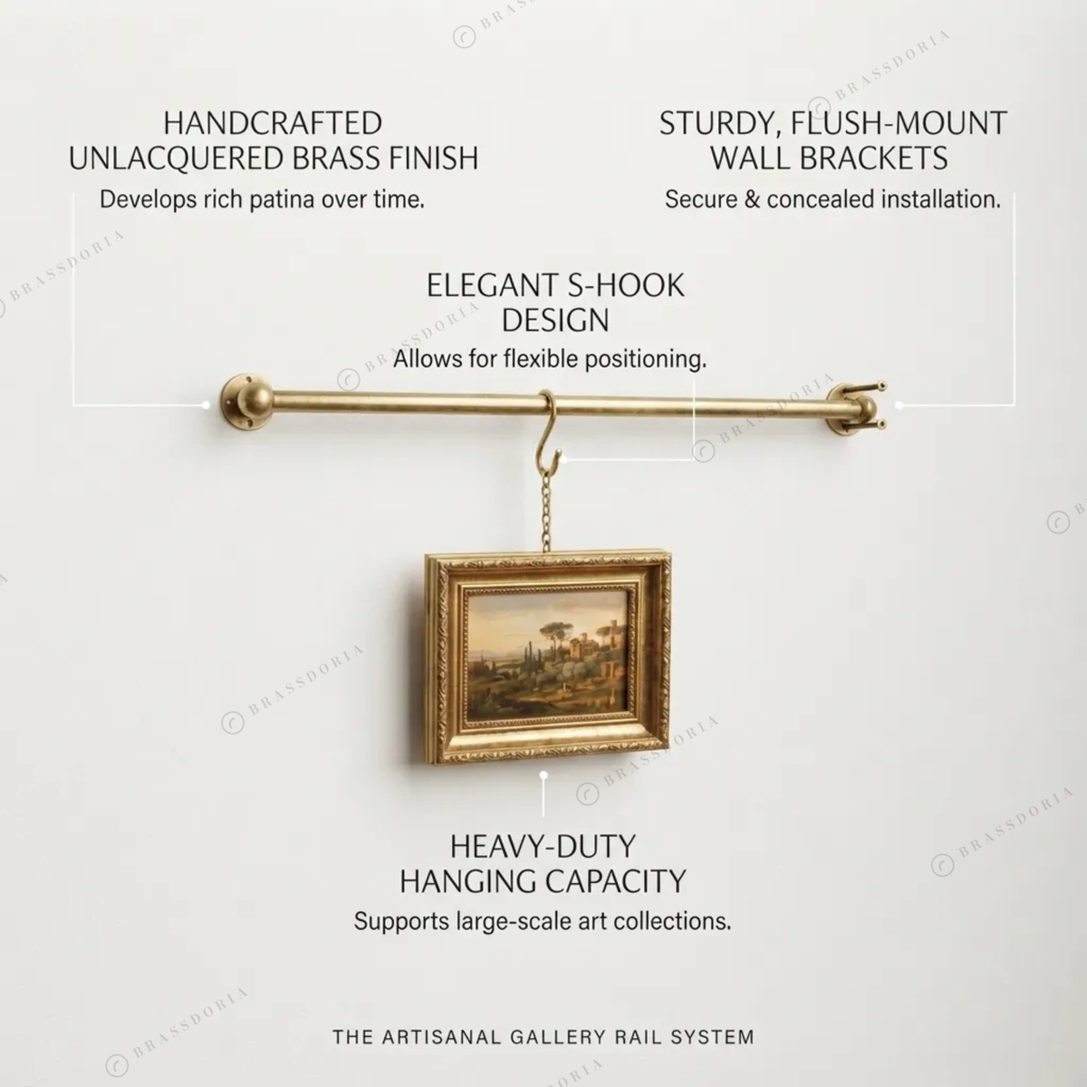 Solid brass picture rail system, view 5 – Brassdoria