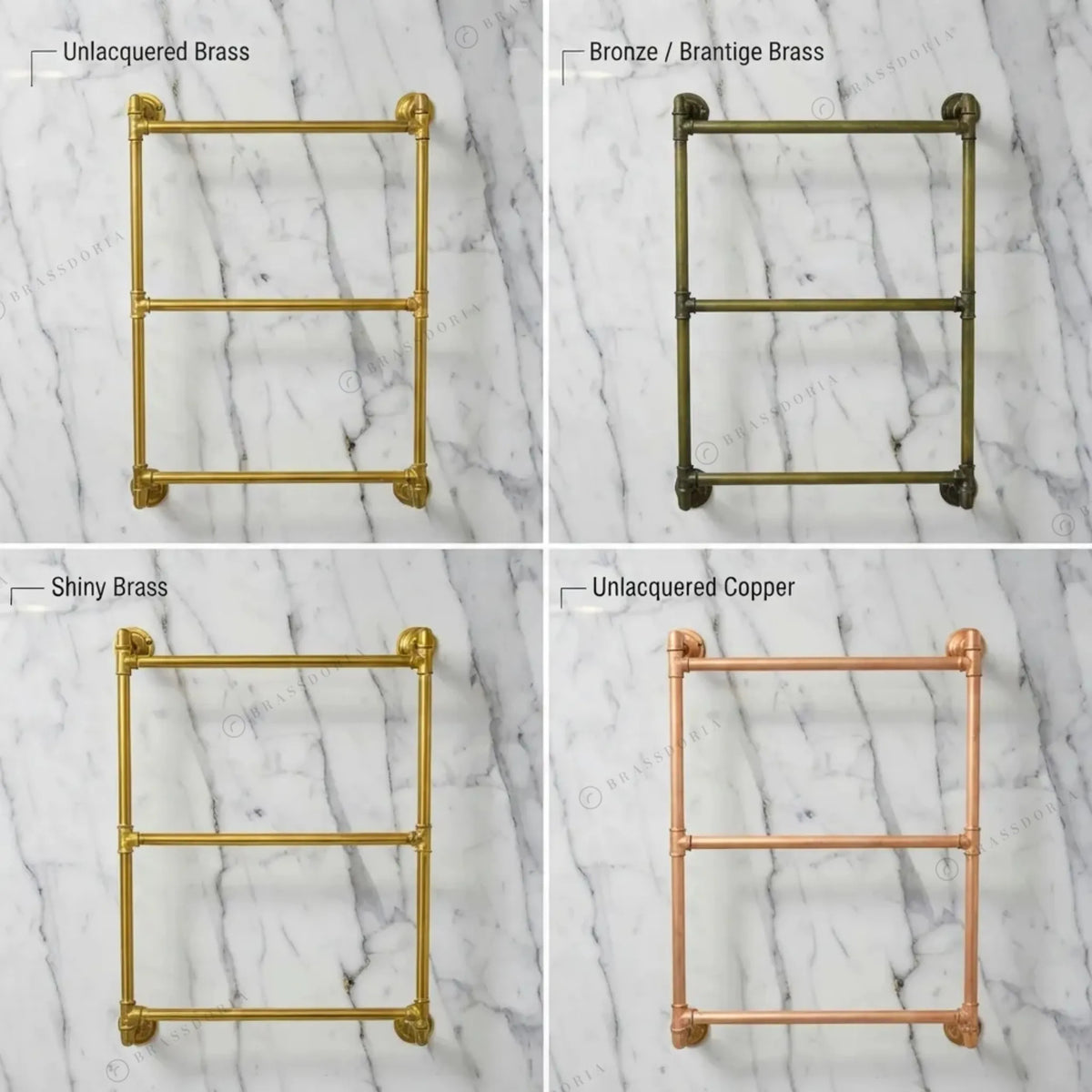 Unlacquered brass pipe towel rack, finish options – Brassdoria