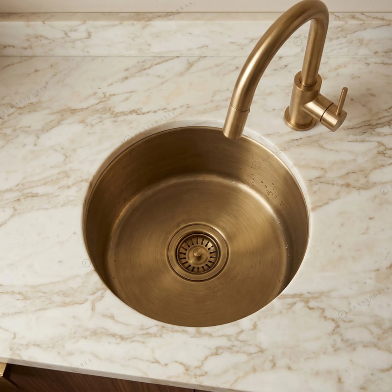 Aged Brass Bar Sink – Round Undermount Deep Kitchen Basin with Strainer - BRASSDORIA