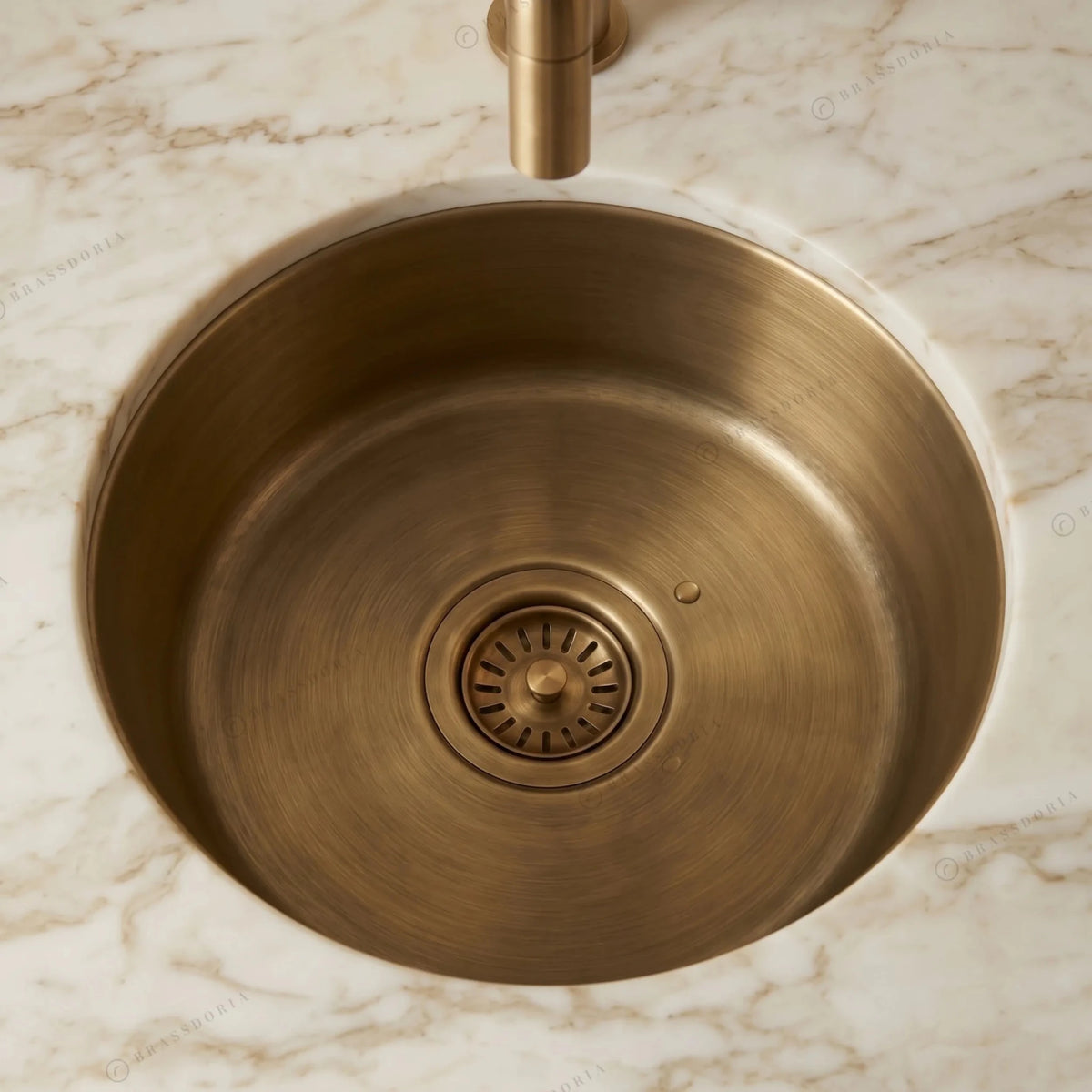 Aged Brass Bar Sink – Round Undermount Deep Kitchen Basin with Strainer - BRASSDORIA