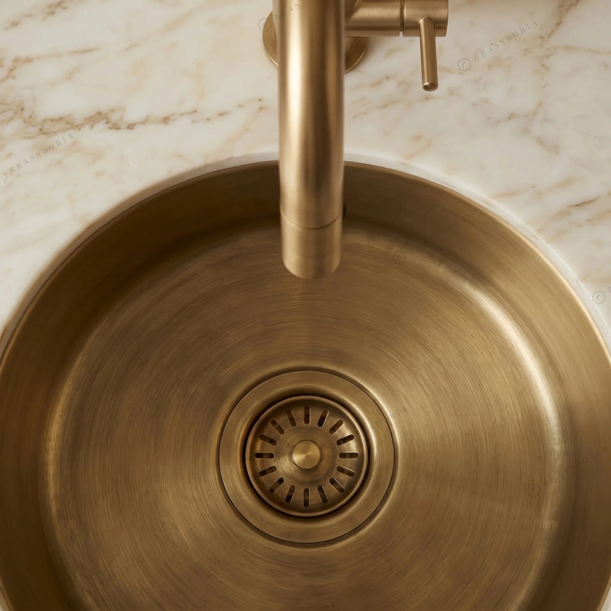 Aged Brass Bar Sink – Round Undermount Deep Kitchen Basin with Strainer - BRASSDORIA