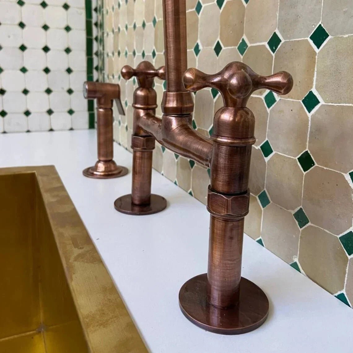 Aged Copper Bridge Faucet, Vintage Kitchen Sink Faucet, Aged Copper Tap - BRASSDORIA
