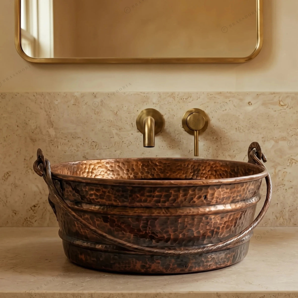 Aged Copper Hammered Bucket Bathroom Sink - BRASSDORIA