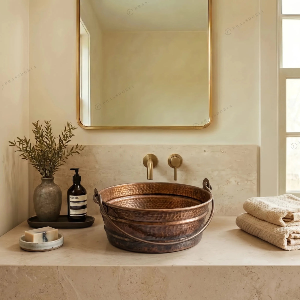 Aged Copper Hammered Bucket Bathroom Sink - BRASSDORIA