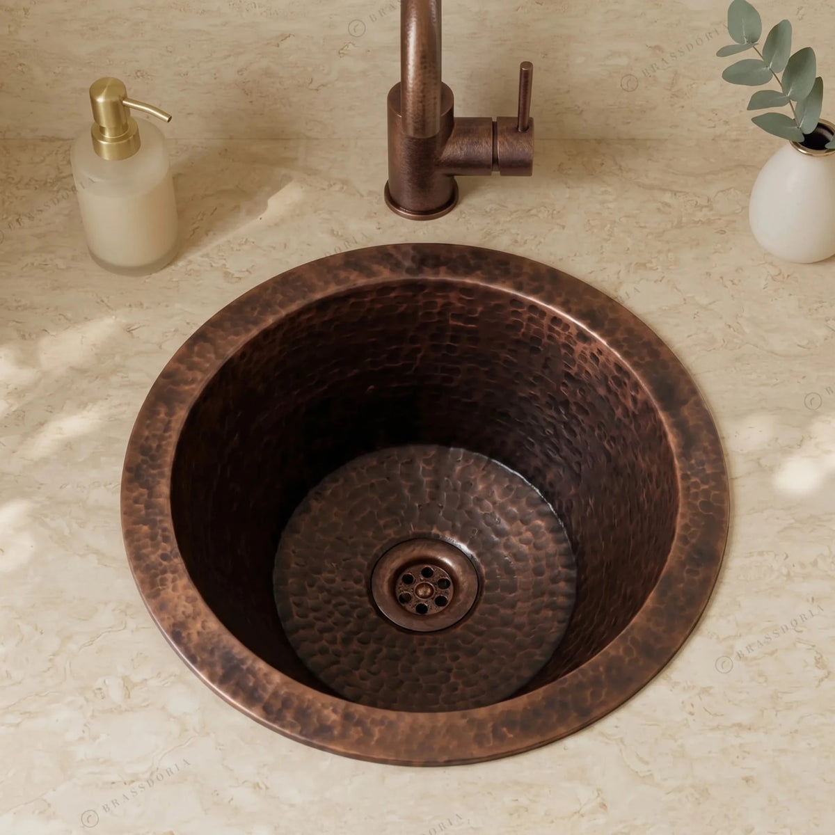 Aged Copper Round Bar Sink – Dark Brown Dropped-In Sink with Hammered Finish - BRASSDORIA