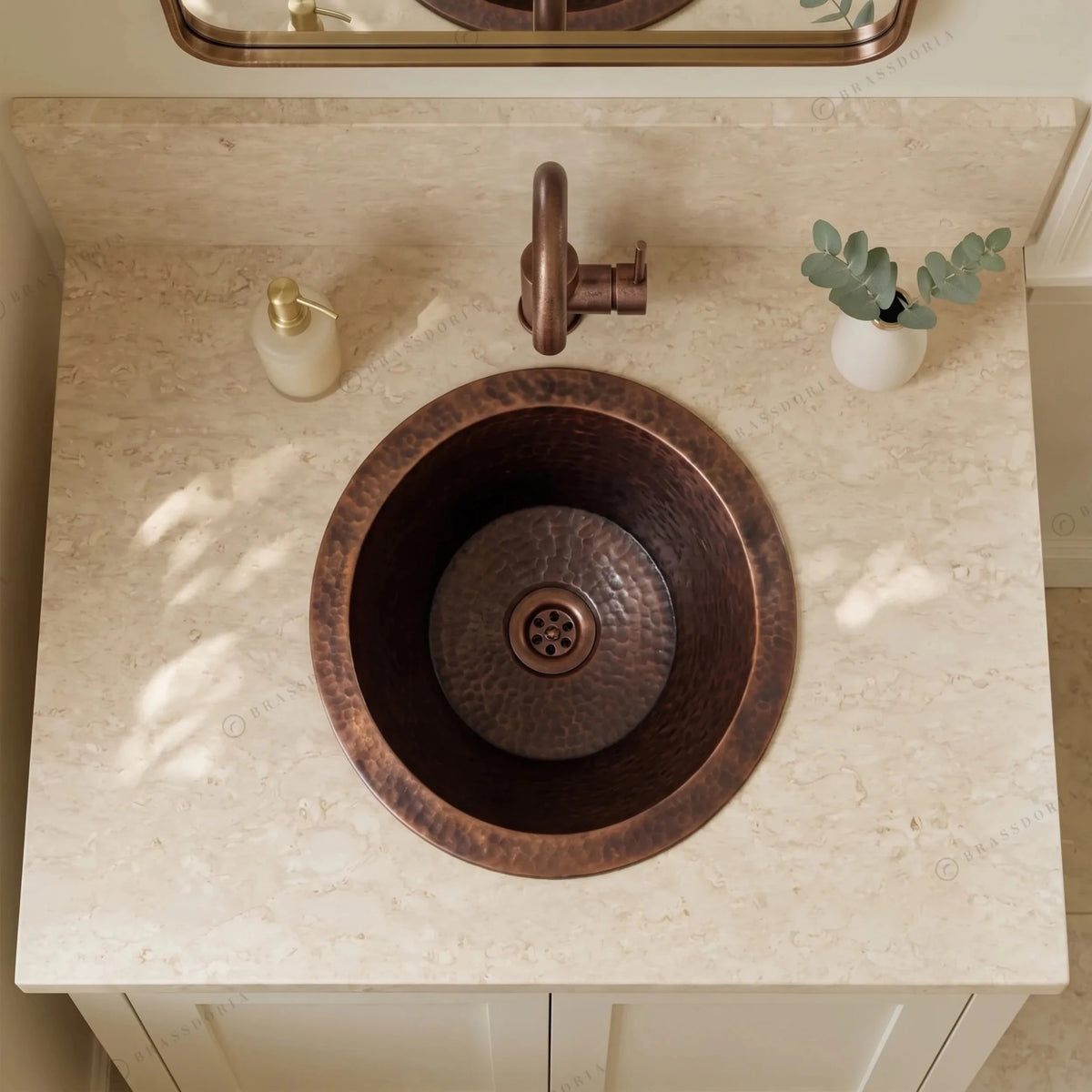 Aged Copper Round Bar Sink – Dark Brown Dropped-In Sink with Hammered Finish - BRASSDORIA