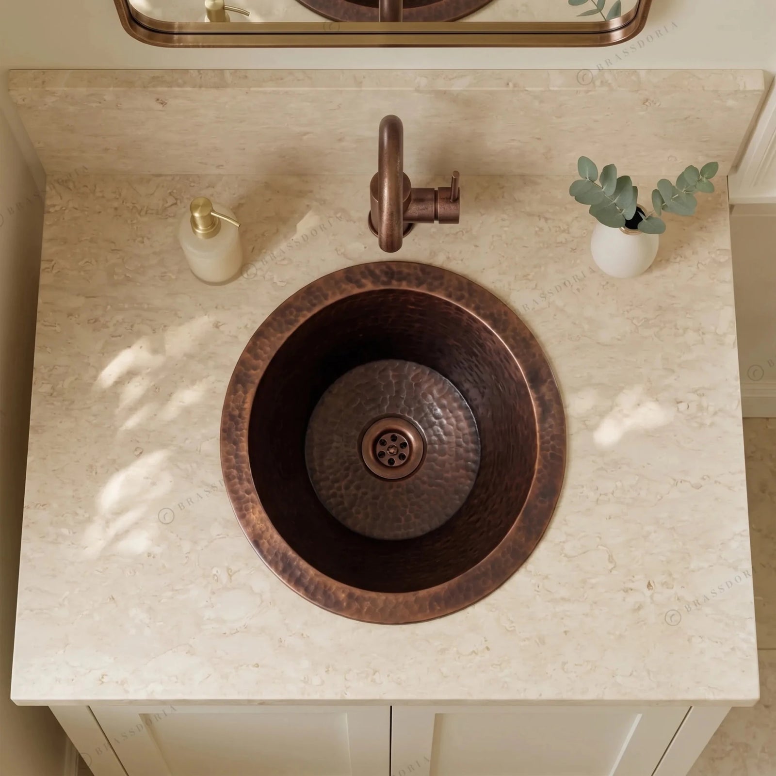 Aged Copper Round Bar Sink – Dark Brown Dropped-In Sink with Hammered Finish - BRASSDORIA