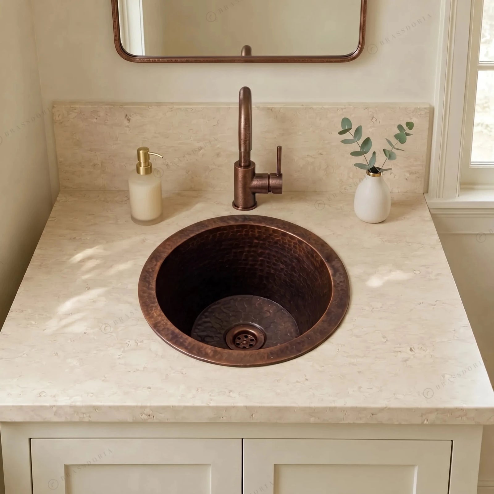 Aged Copper Round Bar Sink – Dark Brown Dropped-In Sink with Hammered Finish - BRASSDORIA