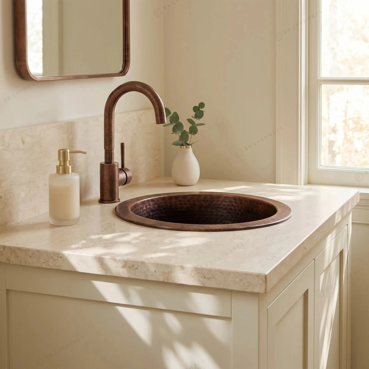 Aged Copper Round Bar Sink – Dark Brown Dropped-In Sink with Hammered Finish - BRASSDORIA