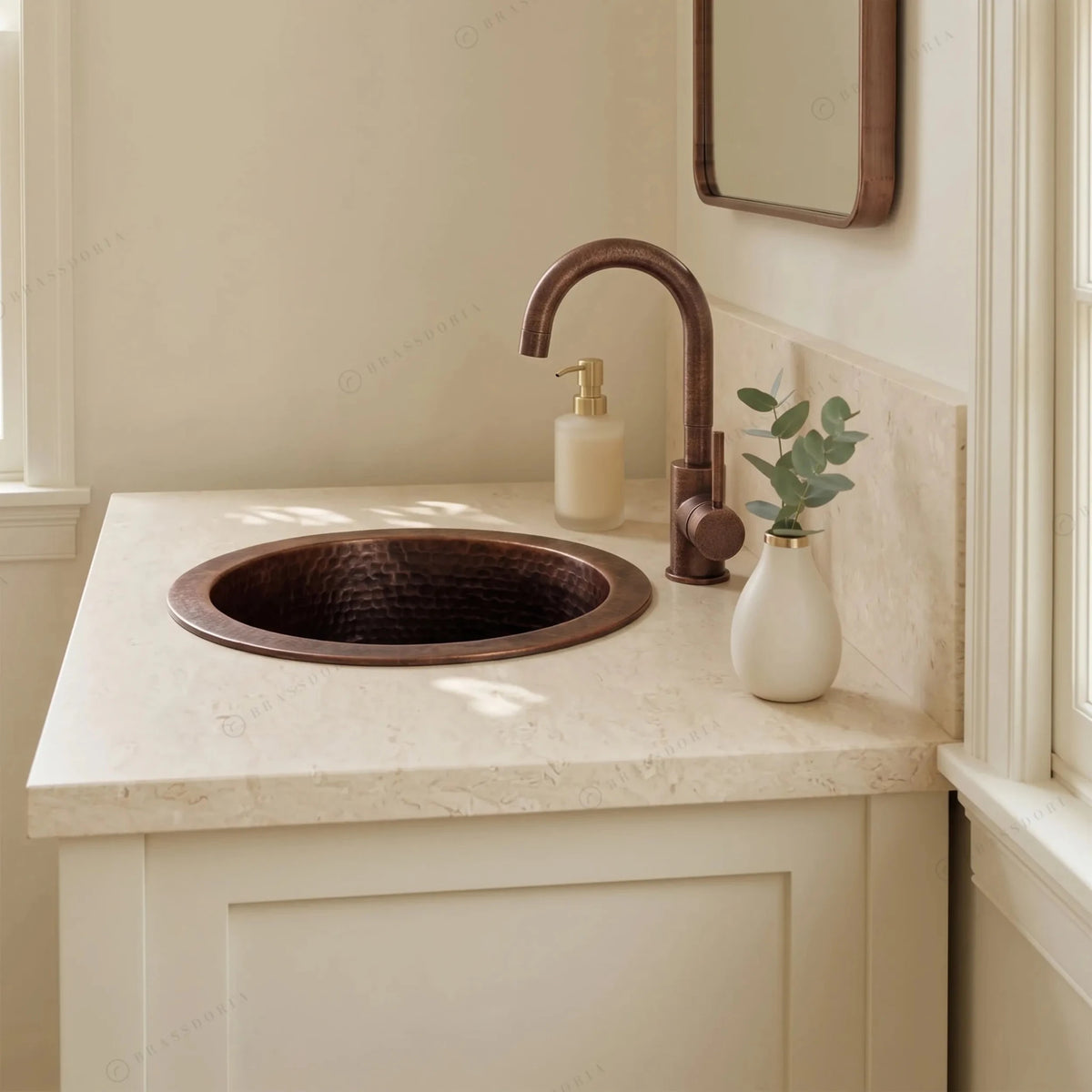 Aged Copper Round Bar Sink – Dark Brown Dropped-In Sink with Hammered Finish - BRASSDORIA