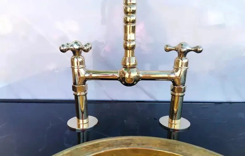Antique Brass Bridge Kitchen Faucet - Solid Brass Vintage Tap - BRASSDORIA