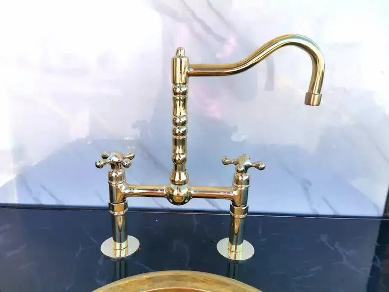 Antique Brass Bridge Kitchen Faucet - Solid Brass Vintage Tap - BRASSDORIA