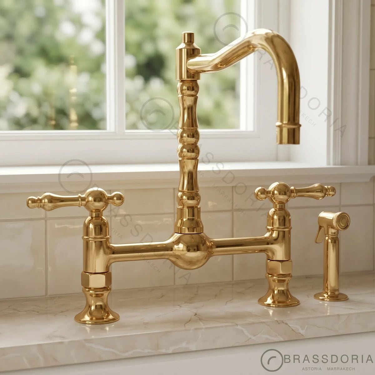 Antique Brass Bridge Kitchen Faucet - Solid Brass Vintage Tap - BRASSDORIA