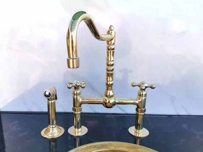 Antique Brass Bridge Kitchen Faucet - Solid Brass Vintage Tap - BRASSDORIA