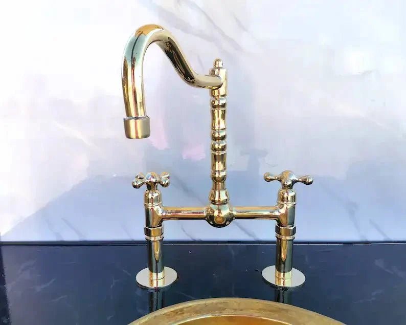 Antique Brass Bridge Kitchen Faucet - Solid Brass Vintage Tap - BRASSDORIA