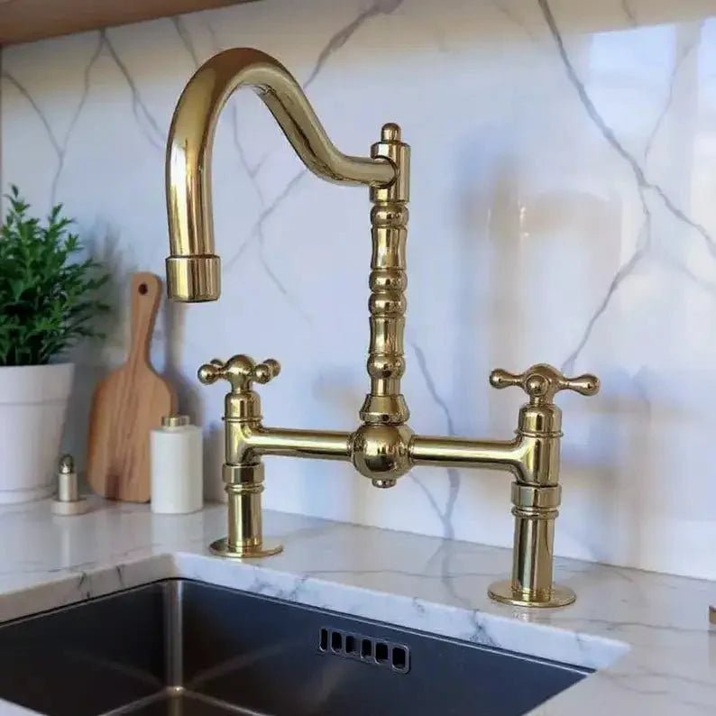 Antique Brass Bridge Kitchen Faucet - Solid Brass Vintage Tap - BRASSDORIA