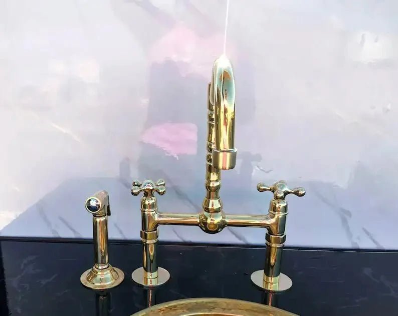 Antique Brass Bridge Kitchen Faucet - Solid Brass Vintage Tap - BRASSDORIA