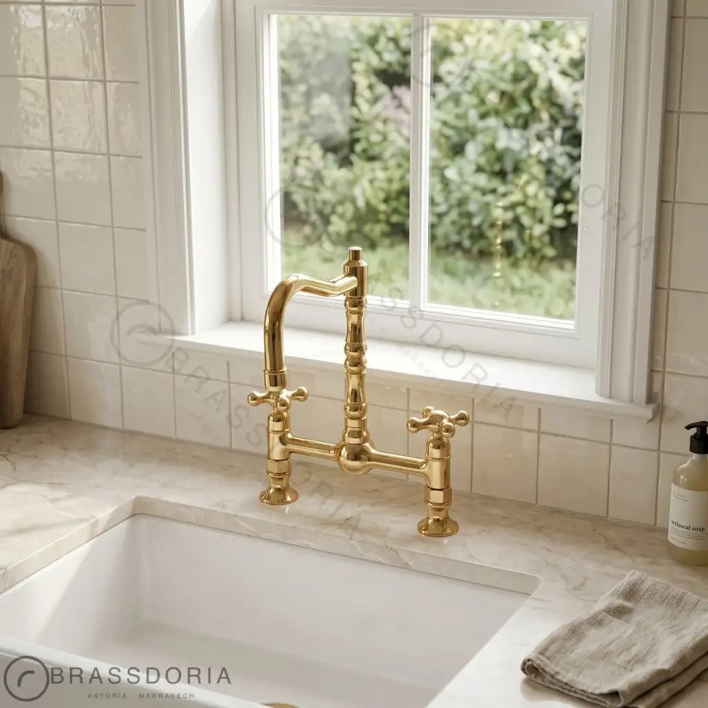 Antique Brass Bridge Kitchen Faucet - Solid Brass Vintage Tap - BRASSDORIA