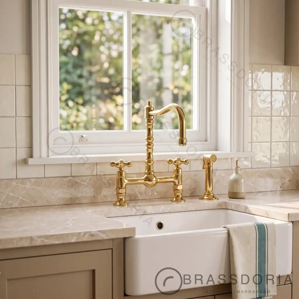Antique Brass Bridge Kitchen Faucet - Solid Brass Vintage Tap - BRASSDORIA
