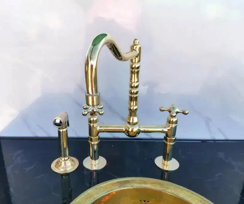 Antique Brass Bridge Kitchen Faucet - Solid Brass Vintage Tap - BRASSDORIA
